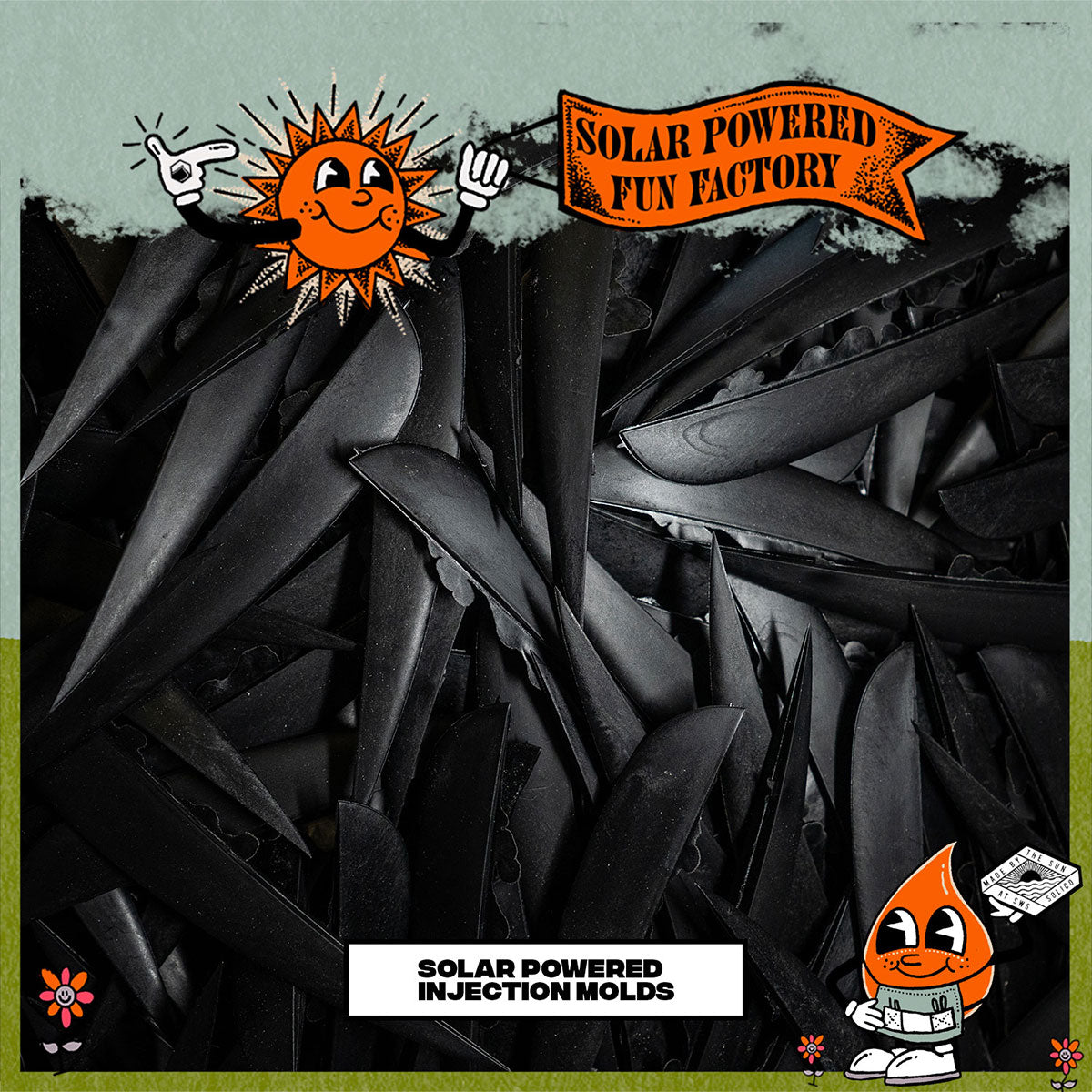 Product logo for 'Solar Powered Fun Factory' with a sun character and injection mold graphic with a pile of already printed fins in the background
