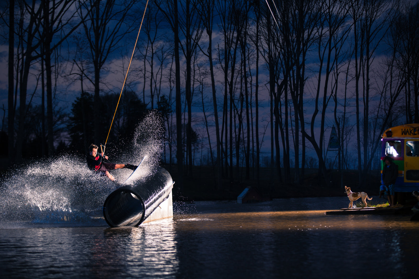 Wakeboarder grinds on a pipe at night with a lit-up bus and dog in the background.