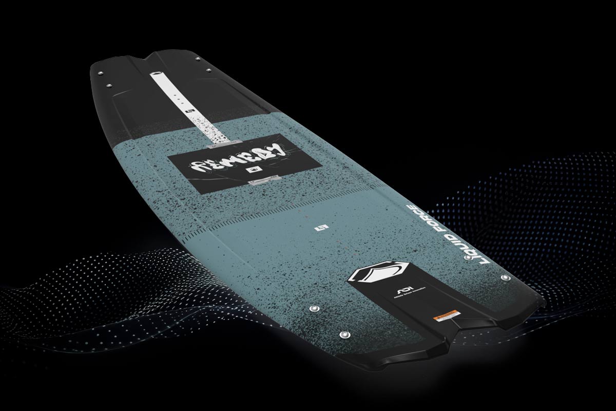 Top view of a black, blue and white wakeboard with "REMEDY" branding in the middle of the board on a black background.