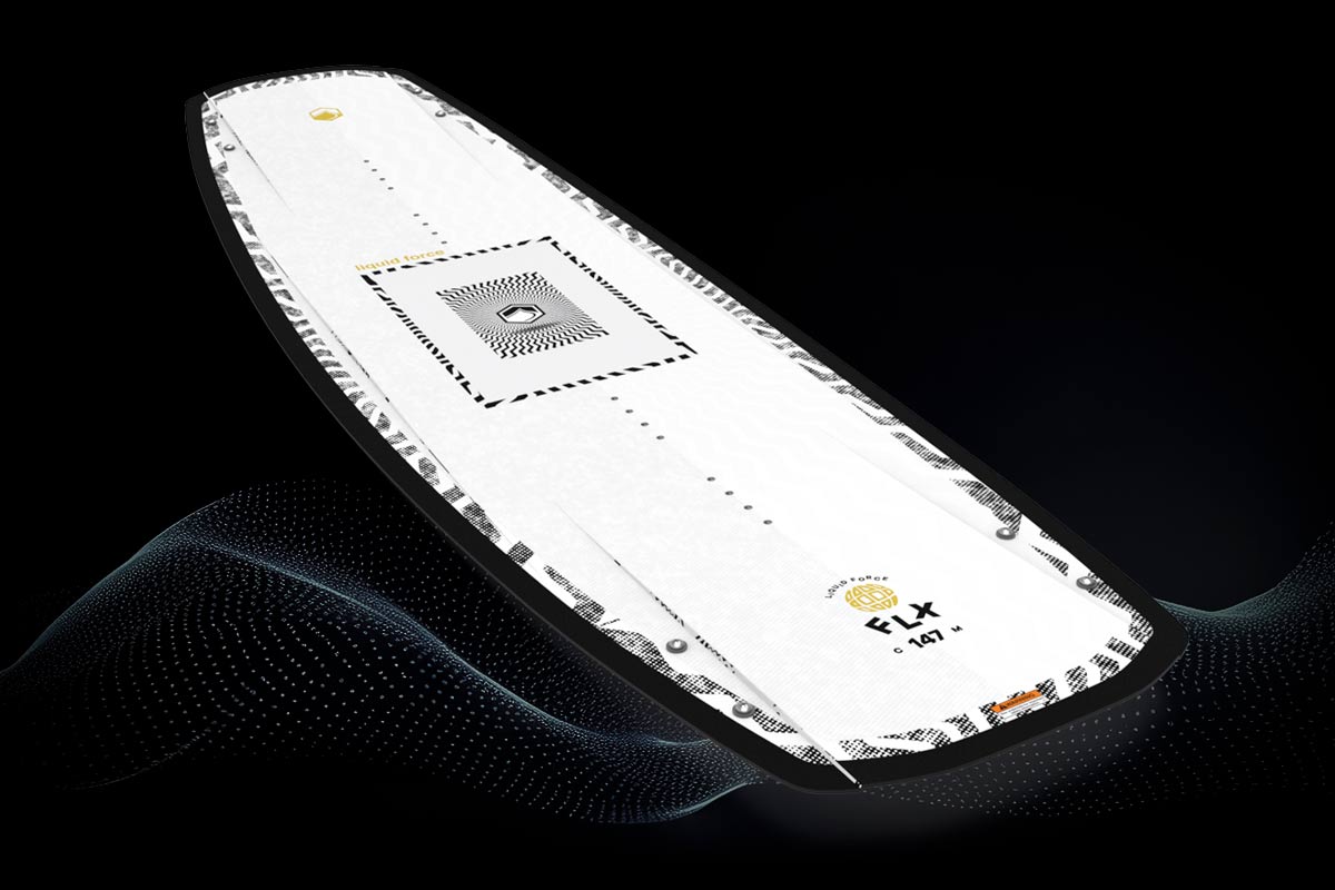 White and black wakeboard with 'FLX' branding, a white and black square logo in the middle on a black background.