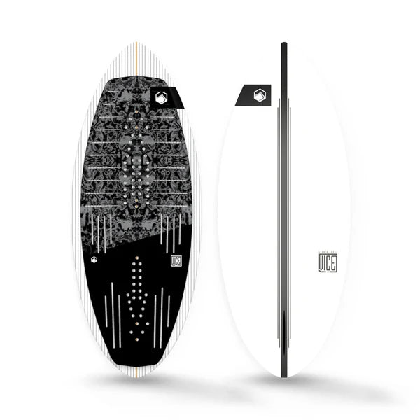 Top and base view of the Vice wakesurf board in black, gray, and white.