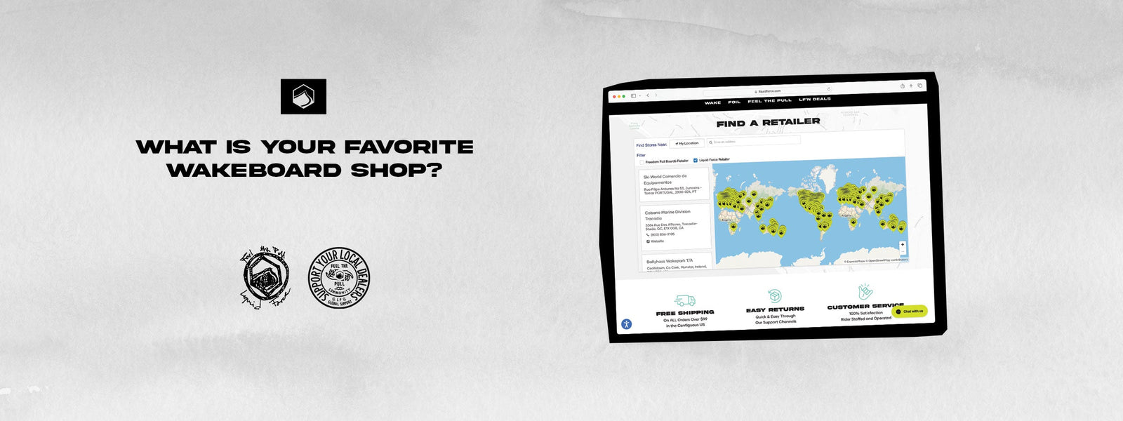 A screen displaying a map of wakeboard shops worldwide, with the text "What is your favorite wakeboard shop?" above.