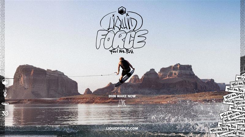 Wakeboarder launching off the water at sunset with desert cliffs and Liquid Force logo overhead.