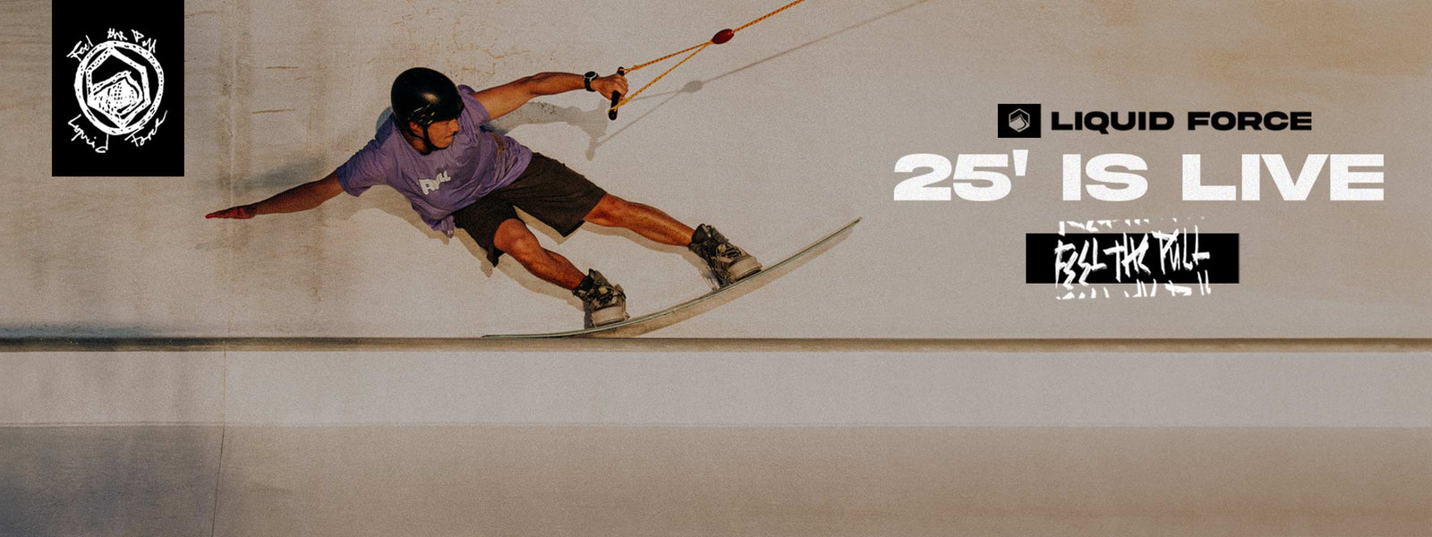 Man wakeboarding along a concrete wall wearing a helmet and purple shirt.