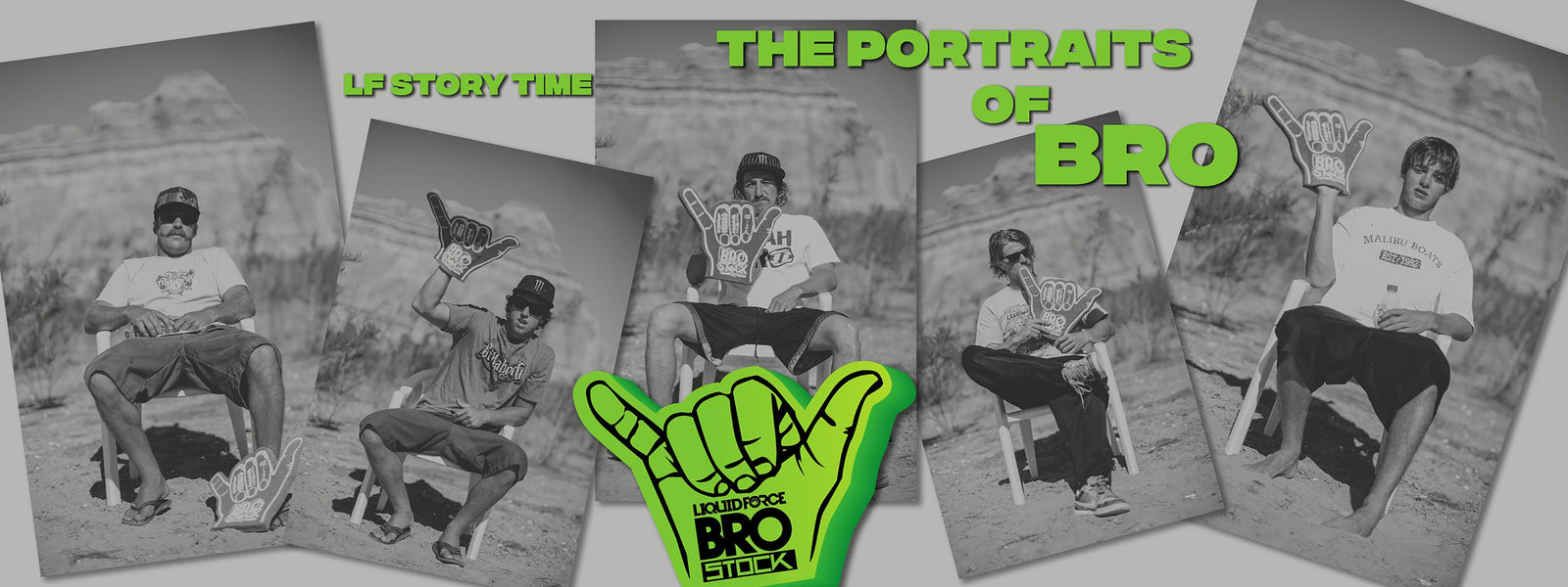 Black-and-white portraits of five men sitting with 'Bro Stock' foam hands in desert setting.