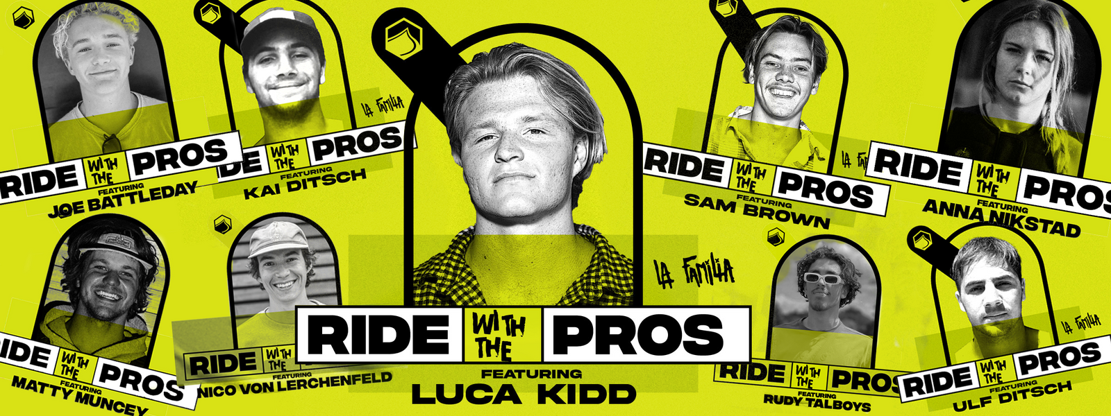 Bright yellow banner image for "Ride with the Pros" featuring Luca Kidd and other athletes.