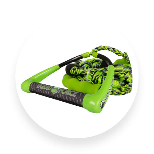 Coiled green and black Liquid Force tow rope with padded handle and logo grip.