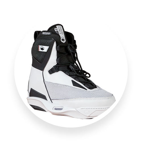Angled view of white and black Liquid Force 4D wakeboard binding with lace-up front.