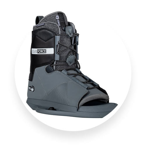 Angled view of gray Liquid Force wakeboard binding with black accents and laces.