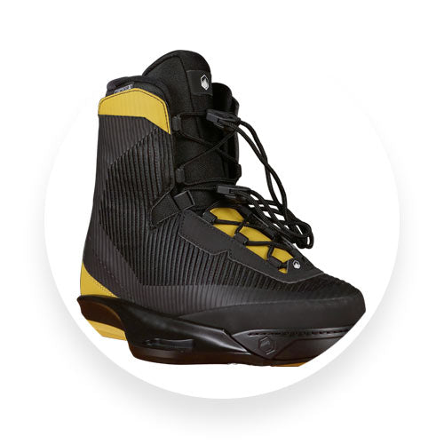 Angled view of black Liquid Force wakeboard binding with yellow accents and laces.
