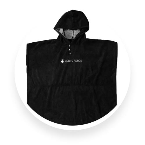 Black hooded Liquid Force changing poncho with buttons and chest logo, laid flat.