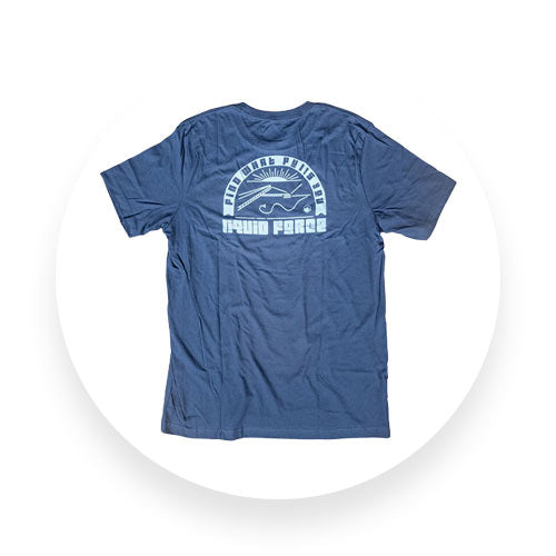 Blue Liquid Force t-shirt laid flat with white back logo featuring sun and wave graphic.