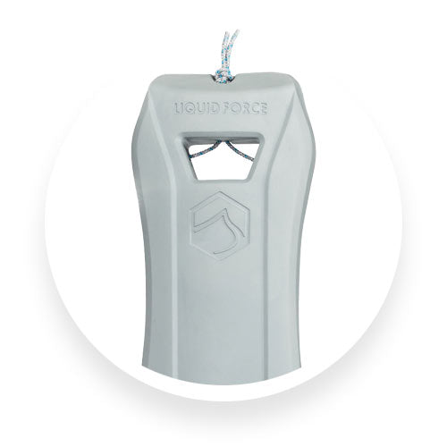 Front view of gray Liquid Force Wakesurf Edge boat wake shaper with molded logo.