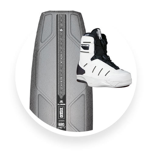 Top view of gray Liquid Force wakeboard with white bindings.