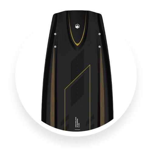 Top view of black Liquid Force wakeboard with yellow accents and side details.