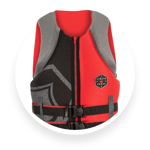 Front view of Liquid Force red and black life vest with gray shoulders and dual buckles.