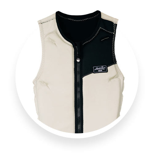 Front view of beige and black Liquid Force comp vest with zipper and stitched detailing.