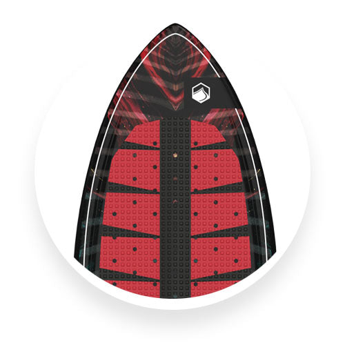 Top view of Liquid Force wakesurf board with red traction pads and abstract black graphics.