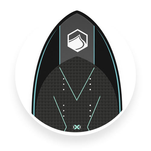 Top view of Liquid Force foil board with black deck and aqua accents on a rounded shape.