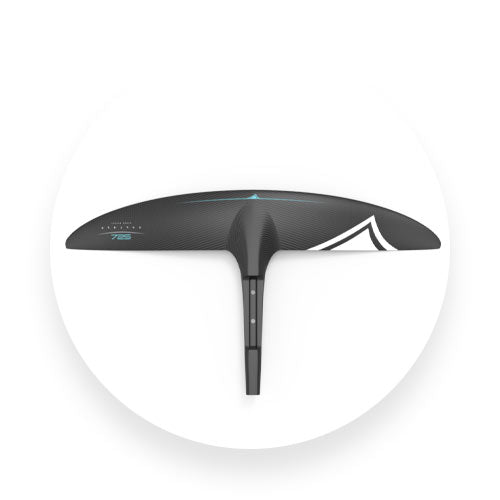 Top view of black Liquid Force foil front wing with white logo and blue center stripe.