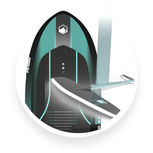 Angled view of Liquid Force foil board with attached foil mast and wing in black and aqua.