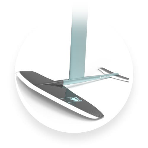 Side view of Liquid Force foil set with white and aqua mast and black front and rear wings.