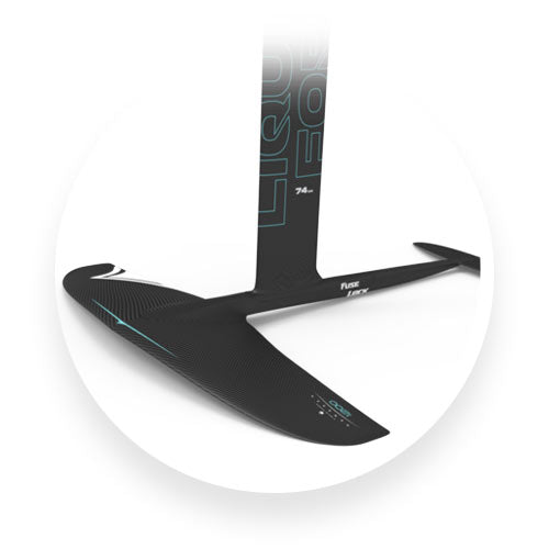 Angled view of Liquid Force foil set with black carbon wings and mast featuring teal accents and logo.