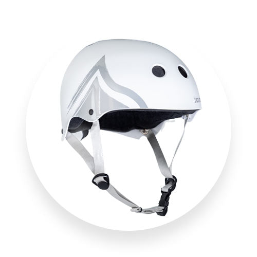 Angled view of white Liquid Force helmet with silver graphics and chin strap.