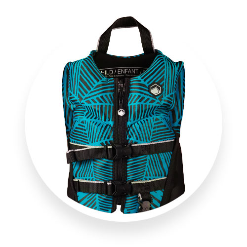 Front view of blue and black Liquid Force kids' vest with leaf pattern and top handle.