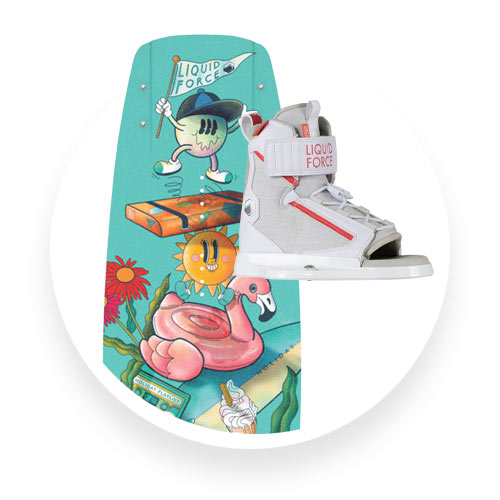 Top view of Liquid Force kids’ wakeboard with colorful cartoon art and white-red bindings.