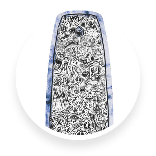 Top view of Liquid Force wakeboard with intricate black doodle art and blue tie-dye edges.
