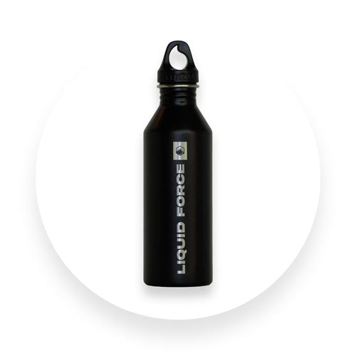 Black Liquid Force metal water bottle with vertical silver logo and loop cap.