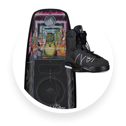 Top view of Liquid Force wakeboard with cartoon party scene and black bindings.