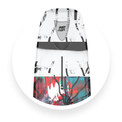 Top view of Liquid Force wakeboard with abstract white, black, and red design.