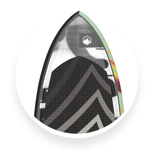 Top view of Liquid Force wakesurf board with black traction pad and green-orange fade edge.