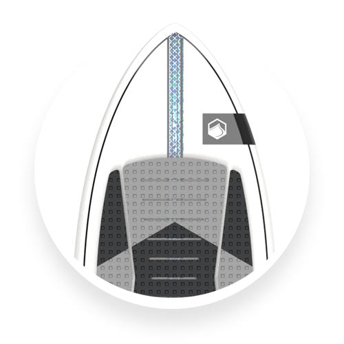 Top view of white Liquid Force wakesurf board with black pads and blue textured center stripe.