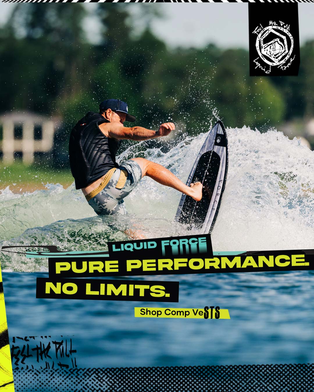Wakesurfer slashing a wake with a Liquid Force Comp vest and wakesurfer