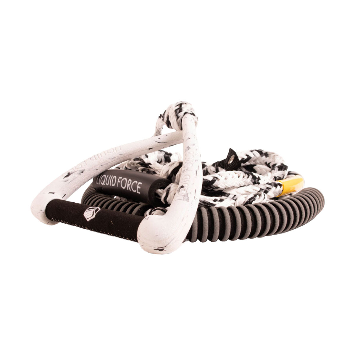 Surf 9 Ultra Suede Rope and Handle Combo with coiled Liquid Force white and black mainline, with white end caps and black handle.