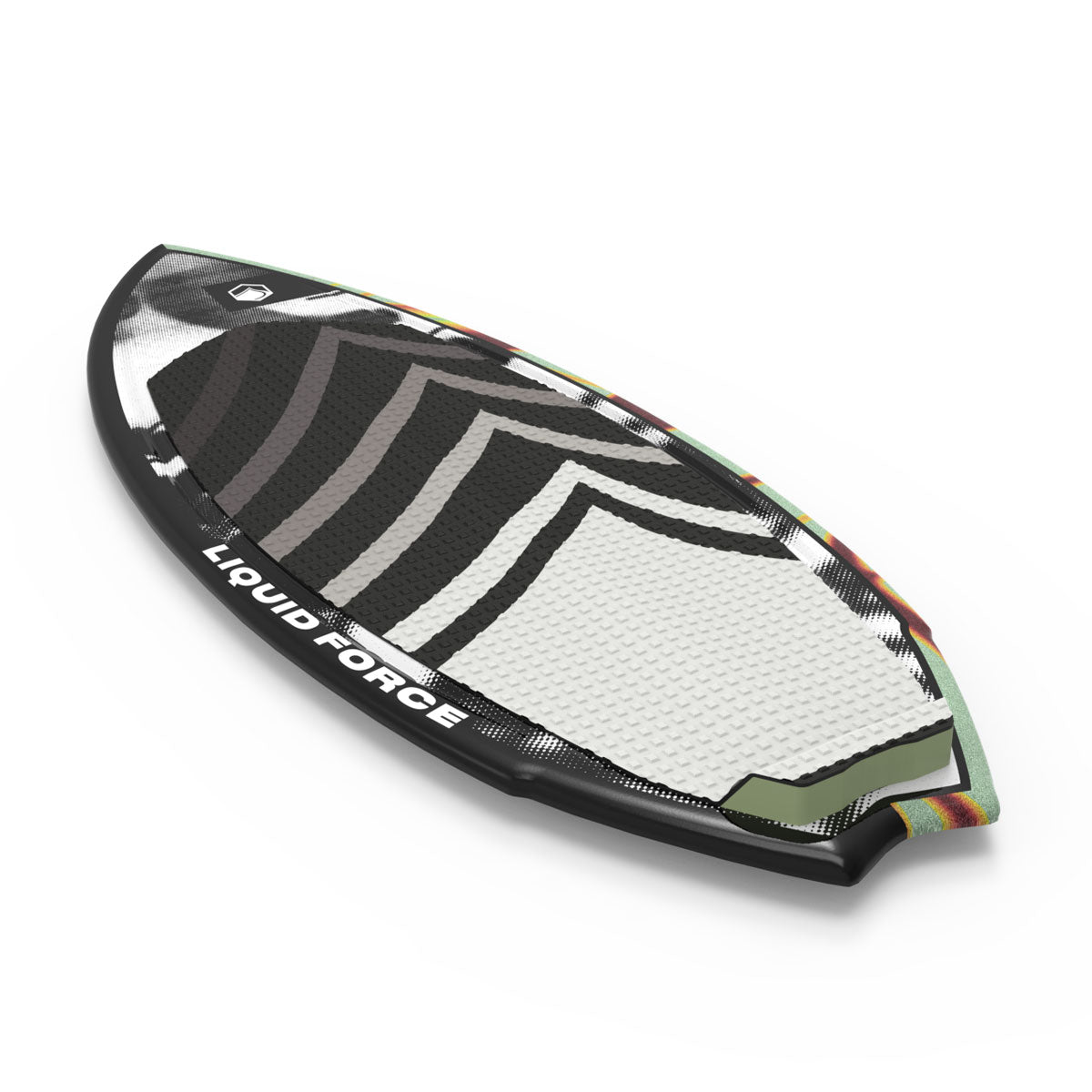 Top and bottom view of Ace wakesurf board with colorful, abstract designs stand upright.