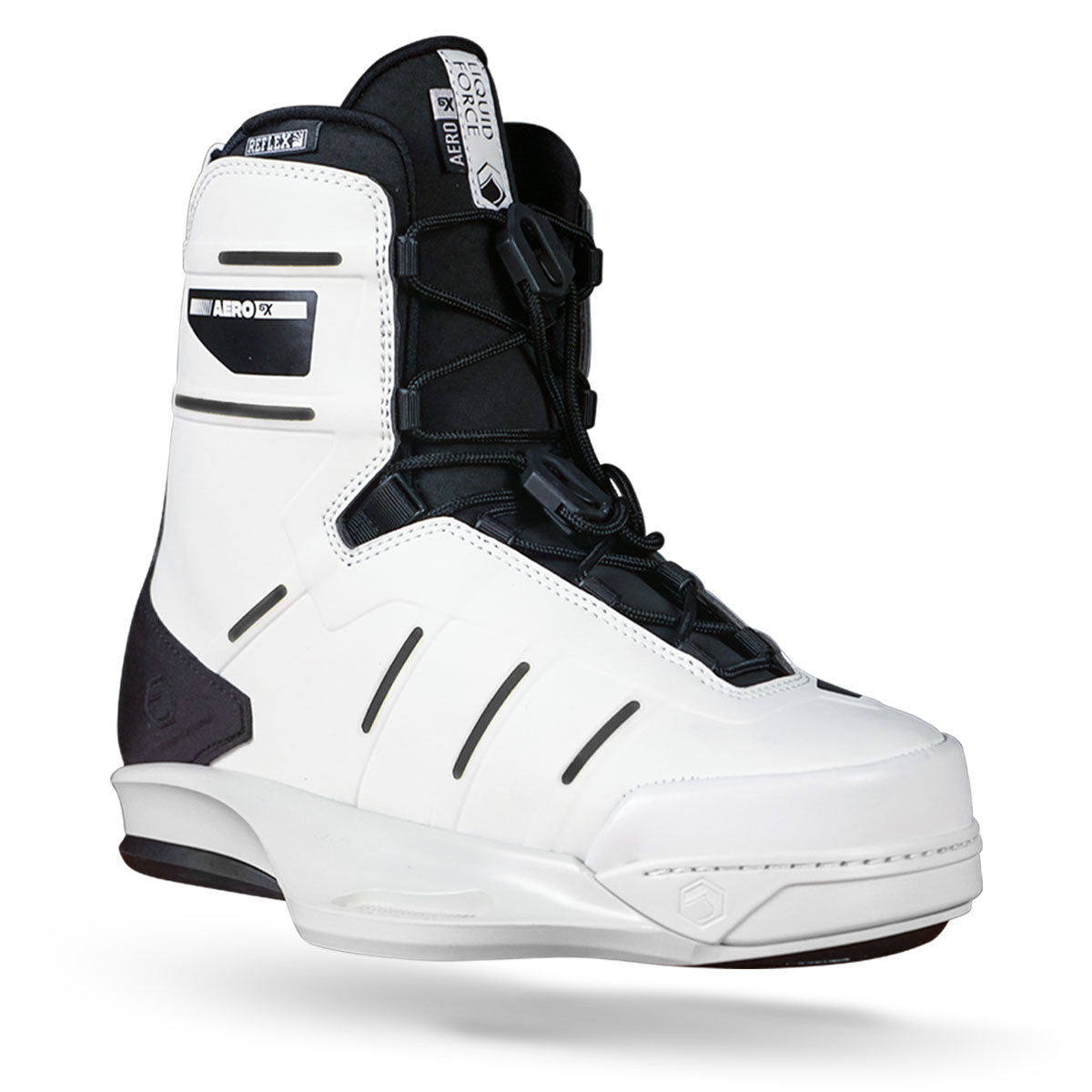 Front angle view of a black and white wakeboard boot with a closed toe design and lace-up closure. 