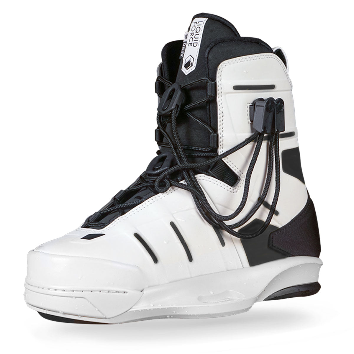 Front angle view of a black and white wakeboard boot with a closed toe design and lace-up closure. 