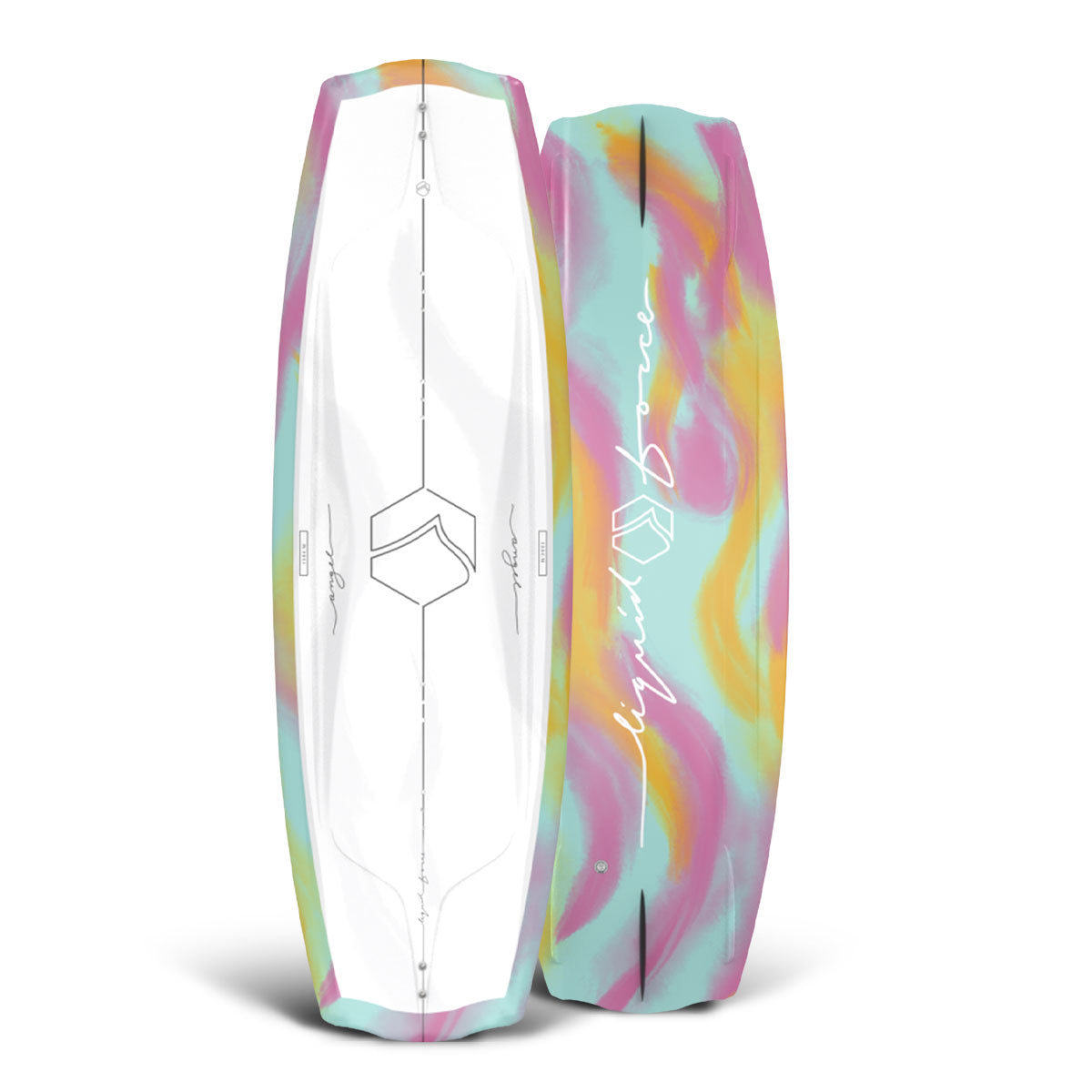 Top and bottom view of wakeboard with a sleek white top graphic and abstract pastel design, pink text base.