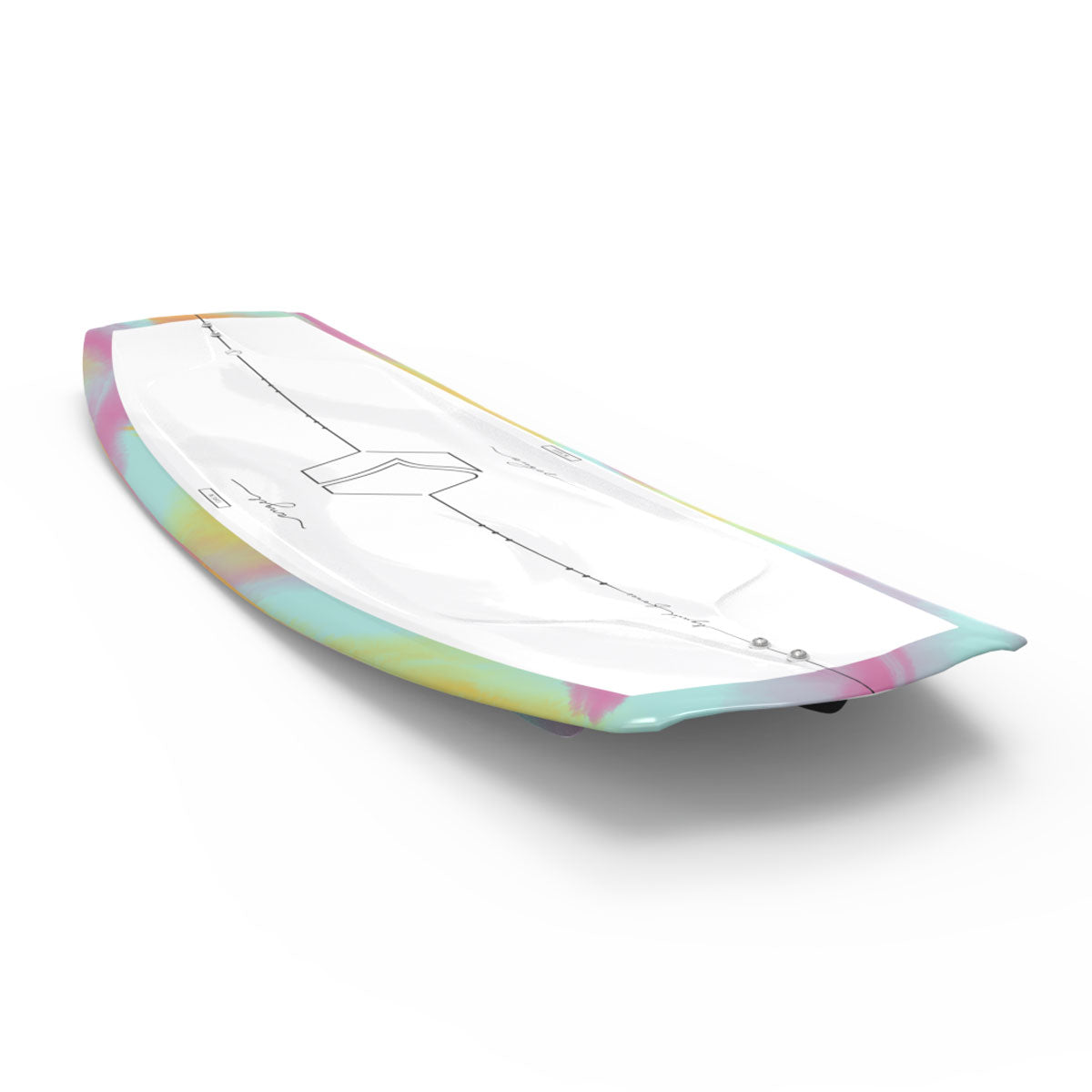 Top and bottom view of wakeboard with a sleek white top graphic and abstract pastel design, pink text base.