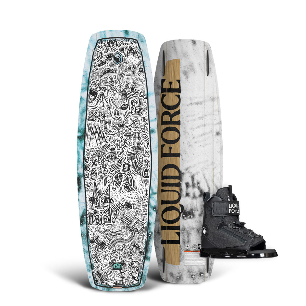 Top and bottom view of wakeboards: one with intricate designs, the other is Apex FS w/ Rant 6R package.