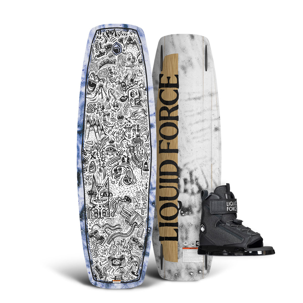 Top and bottom view of Apex FS wakeboards, Rant 6R boots in black.