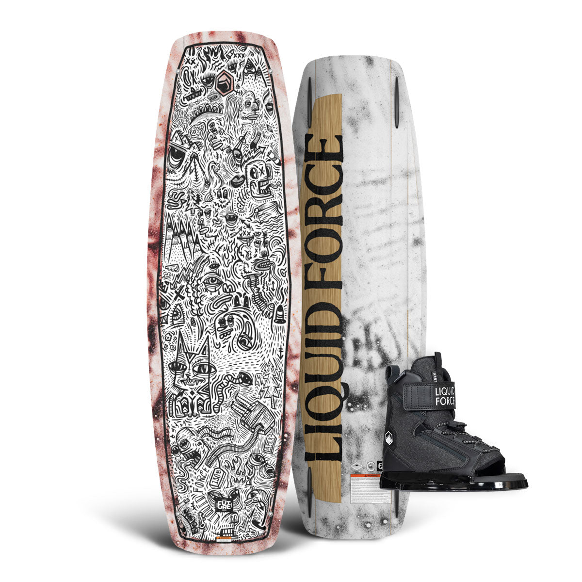 Top and bottom view of Apex FS w/ Rant 6R: stylish wakeboard combo with boots by LIQUID FORCE.