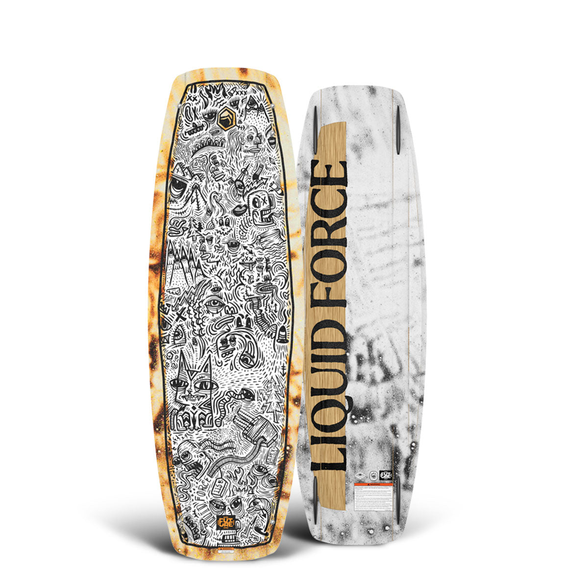 Top and bottom view of patterned Liquid Force wakeboard: intricate black and white, text on base.