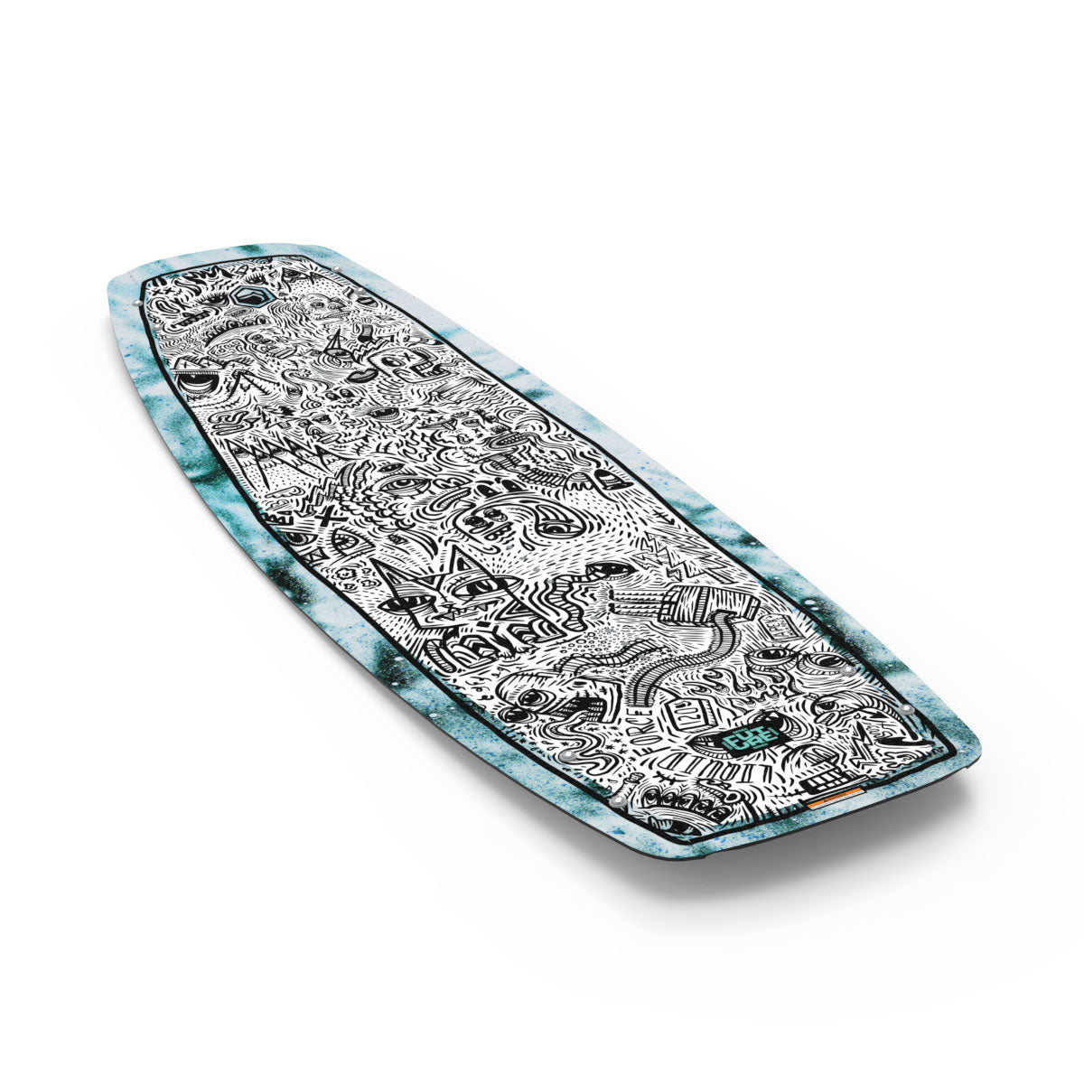 Liquid Force Park wakeboard, intricate black &amp; white design, blue edges, and logo.