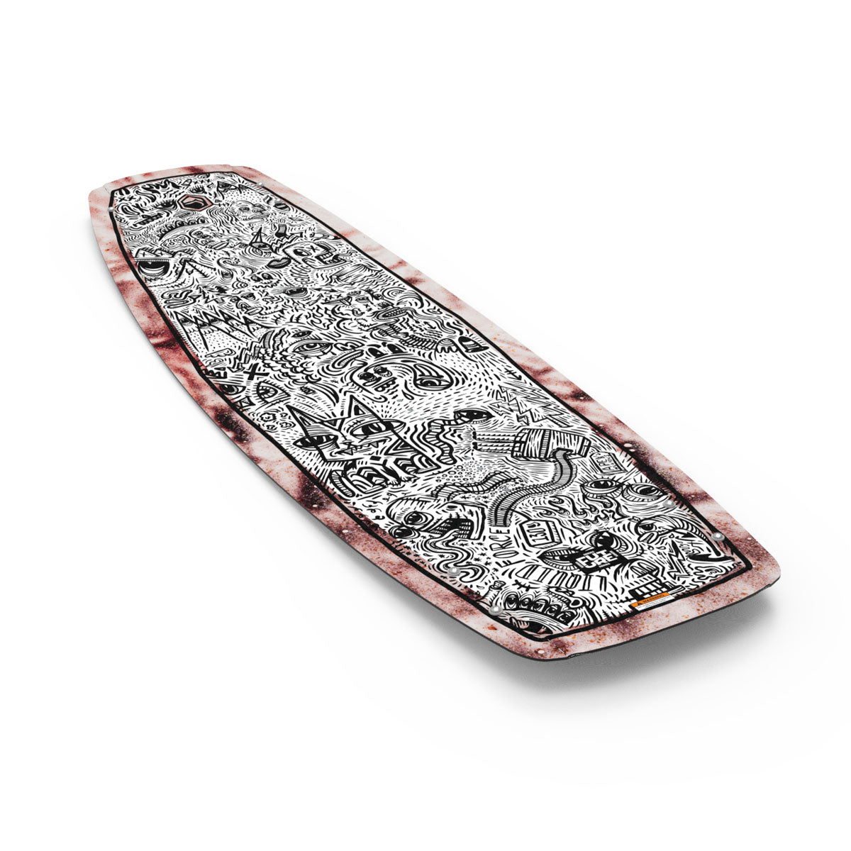 Liquid Force park wakeboard with black &amp; white abstract designs on a pink backdrop.