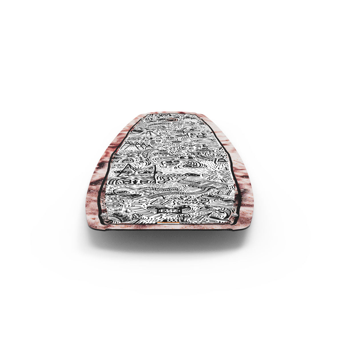 Liquid Force wakeboard with intricate black/white patterns, marbled pink/white edge.